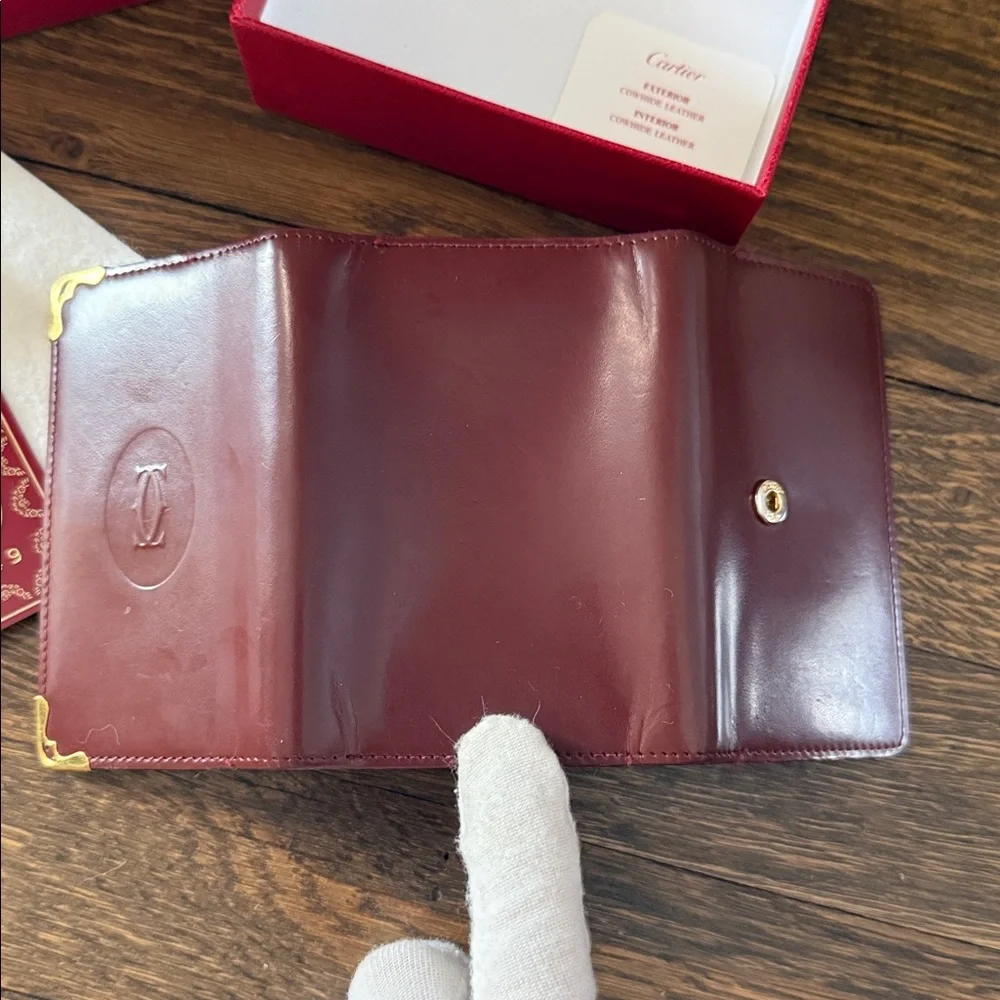 Cartier Burgundy Leather Key Card Holder with Gold plated corners w/ box